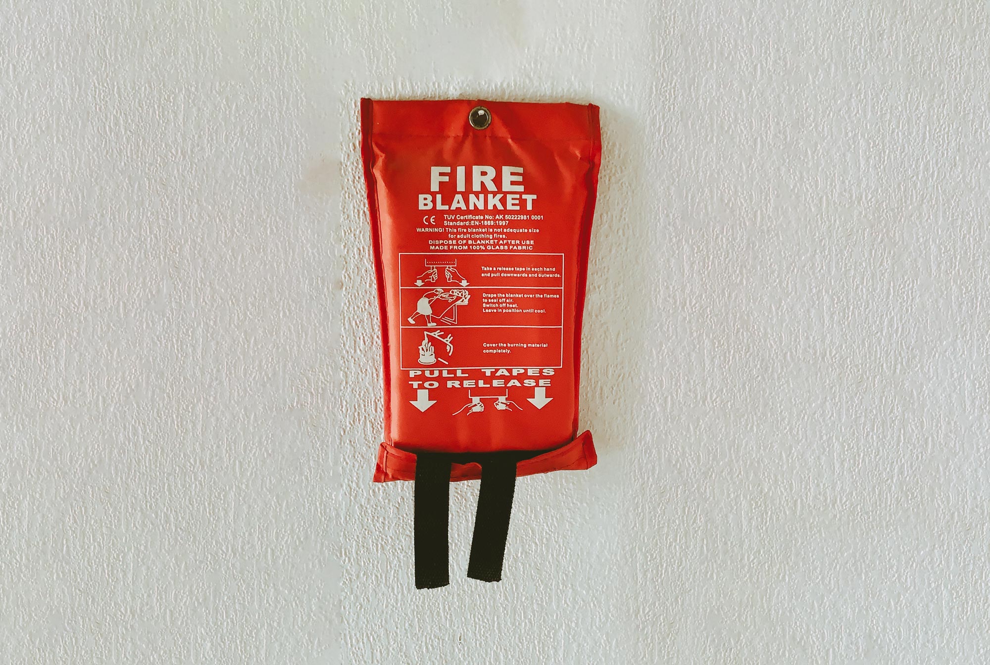 Fire blanket on white wall